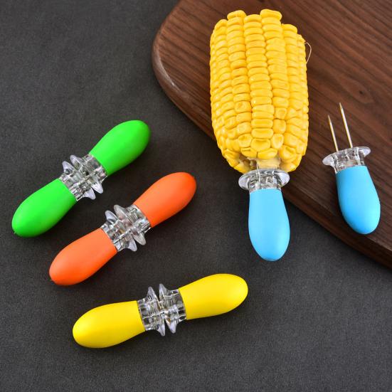 8Pcs Corn Holder Stainless Steel Corn Skewer Silicone Handle BBQ Fork Heat Resistant Fruit Skewer for BBQ Picnics Parties