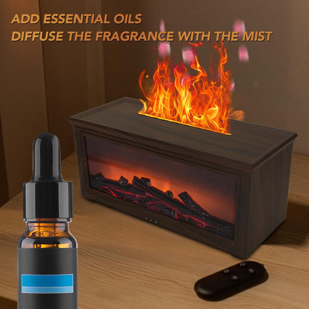 180ml Water Tank Wood Grain Fireplace Aromatherapy Diffuser Simulation Flame Humidifier Essential Oil Diffuser for Home Dark