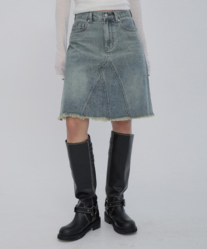 CHICKS Vintage Washed Cut-Off Midi Denim Skirt Deep Blue