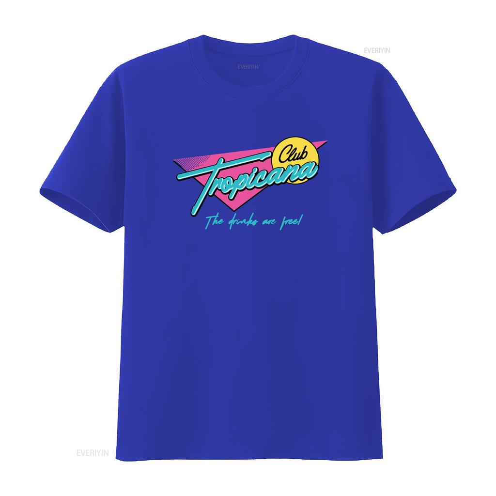 Club Tropicana T Shirt Retro 80s Neon Design Perfect for Fancy Dress Parties Music Lovers The Drinks Are Free Vintage Washed