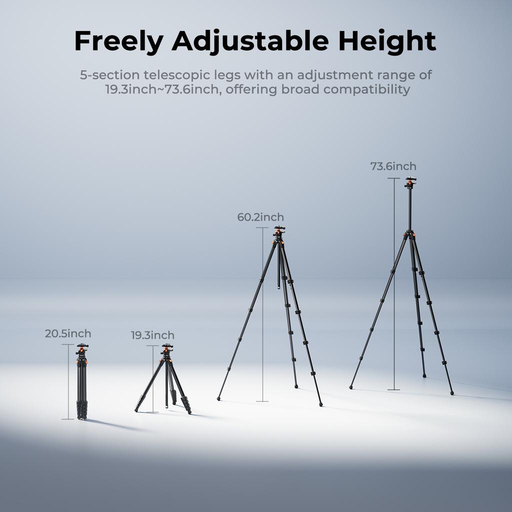 K&F CONCEPT 73" Aluminum Compact Camera Tripod Portable Travel Tripod for iPhone 22 lbs Capacity Arca Swiss Ball Head for Camera