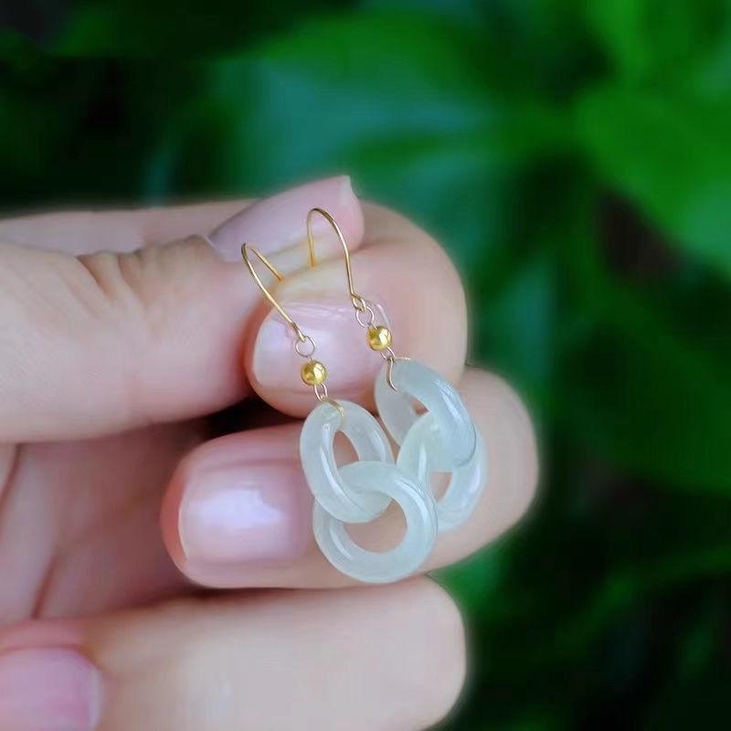 Hetian Jade Interlocking Ring Earrings – Classic Chinese Style Earrings for Women
