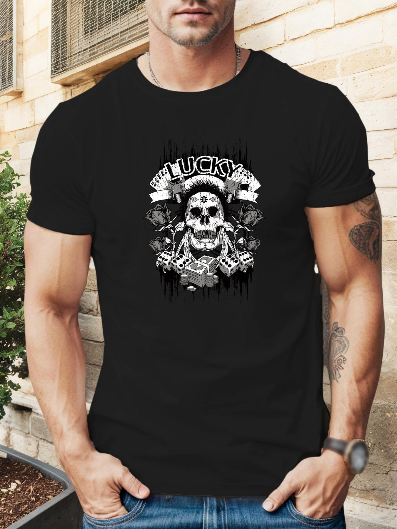 Lucky Cards Skull Graphic T-shirt - Black Casual Summer Tee with Ace of Spades Design S