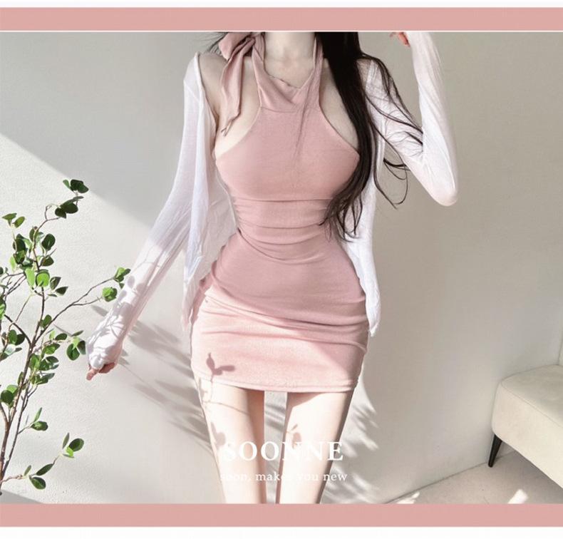 Korean Dongdaemun Halter Tie-Up Bodycon Mini Dress