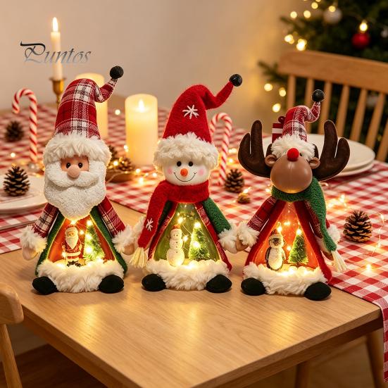 Plush Santa Claus Figurines Lighted Christmas Doll Decoration, Cute Claus/Snowman/Reindeer Figurine with Table Decorations Warm LED Light for Tabletop