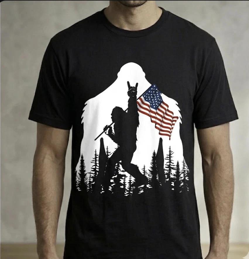 Bigfoot American Flag T shirt - Patriotic Sasquatch Rock On Graphic Tee 2XL