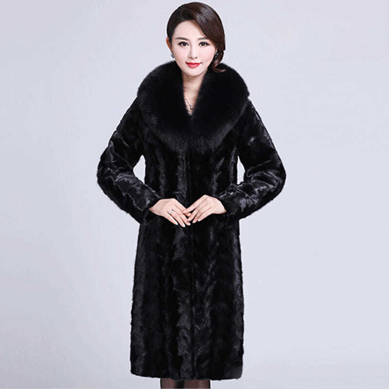 Winter Imitation Mink Coat Women's Imitation Fur Medium and Long Imitation Fox Fur Collar Jacket Large Size Medium and Old Mother Outfit