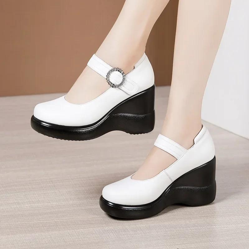 

8cm Small Size 32-43 All Match Comfortable Soft Leather Shoes Platform Wedges 2025 Fall High Heels Pumps for Office Model Mom 32