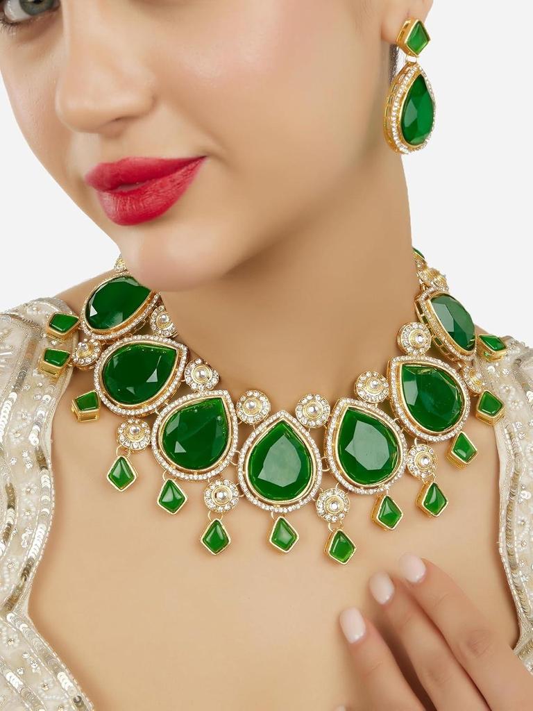 Green Stones Austrian Diamonds Embellished Bridal Necklace & Earring Set For Women