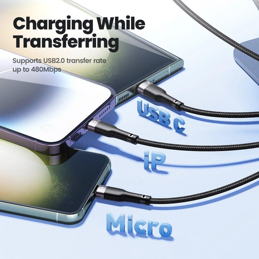 Toocki 3 in 1 USB Cable 6A 100W Micro USB Type C Charging Cable For 14 13 12 Huawei Honor 13 ViVo Oppo Data Cord