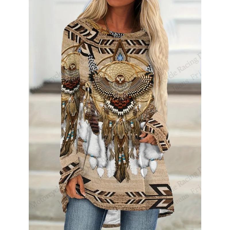 Vintage Animals Wolf 3D Print Long Sleeve T-Shirts Women's Fashion Oversized T Shirt Female Tees Tops Long Tunics Falls Ethnic