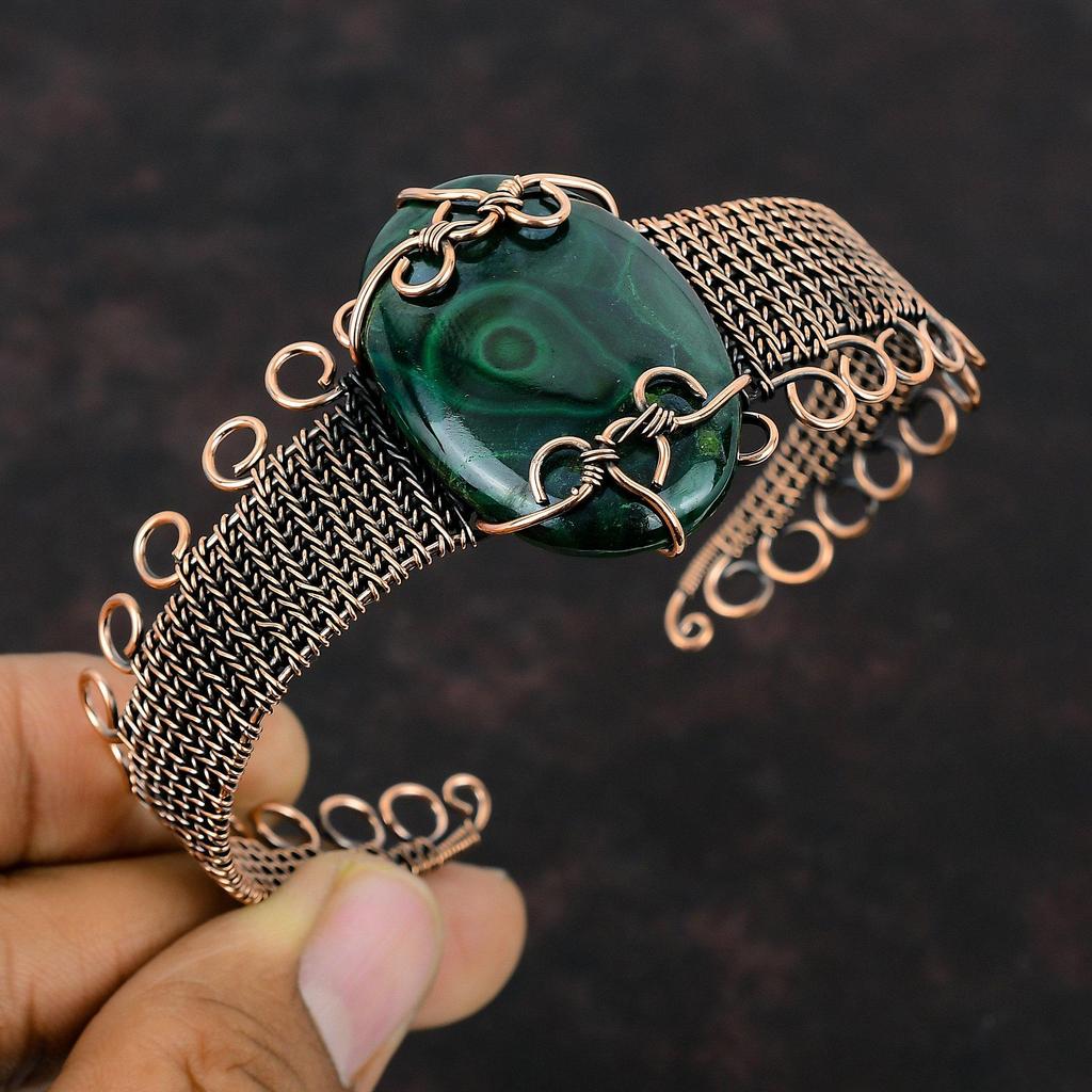 Malachite Cuff Bracelet Copper Wire Wrapped Adjustable Bangle Handmade Jewelry Gemstone Cuff Bracelet Copper Wire Wrap Jewelry Gift For Her