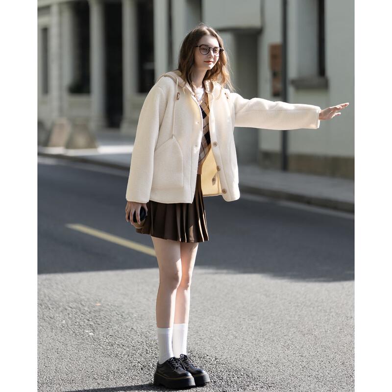 TonLion Women's Faux Lamb Wool Two-Piece Look Hooded Jacket