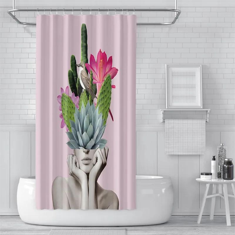 3D Shower Curtain European And American Abstract Figures, Flowers, Toilet Partition Curtains, Simple Curtains With Accessories