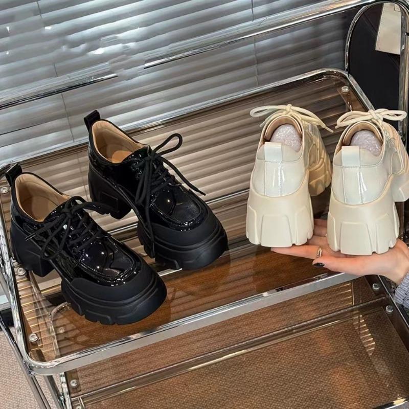 Fashion Women's Round Toe High Heel Thick Bottom Leather Shoes Retro British Style For Students Spring Autumn Skirt Matching Flats