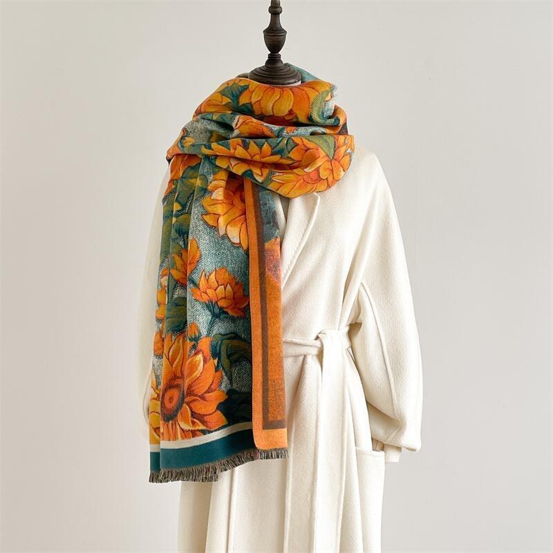 Winter oil painting style scarf women's plate four shuttle imitation cashmere shawl thickened warm fringed scarf