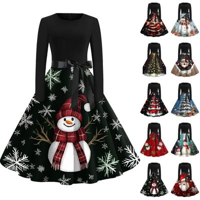 Christmas Print Flare Dress For Women Long Sleeve Dress Hollow Party Casual Dresses