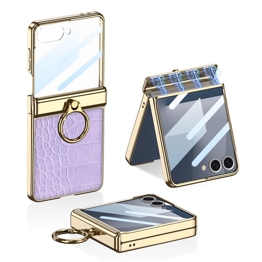 Suitable for Samsung Z FLIP7 Mobile Phone Case Electroplated Finger Ring Hinge Plain Leather Protective Case Flip7 Shell Film Anti Fall Full Package