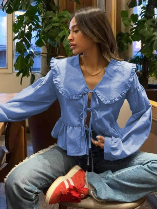 2026 Spring Fashion: Women's Long Sleeve Cotton Shirt with Doll Collar and Tie-up Design - European & American Style