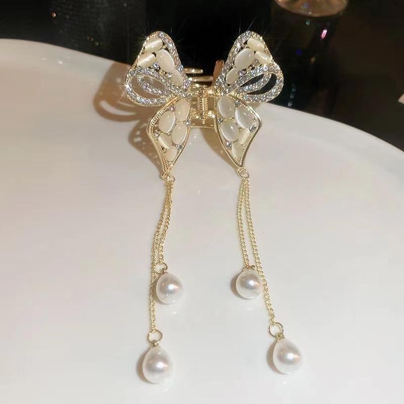 Glitter Shark Grip Clips Korean Style Sweety Romantic Hair Claws Butterfly Shape Girls Pearl Tassel Metal Jewelry Hair Accessory