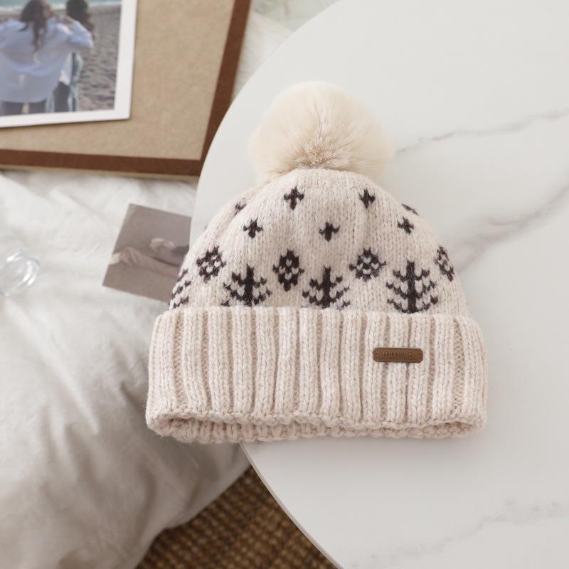 Japanese Style Retro Rabbit Fur Ball Pullover Hat  Women's Large Head Girdle  Warm Woolen Knitted Hat  Ear Protecting Cold Hat