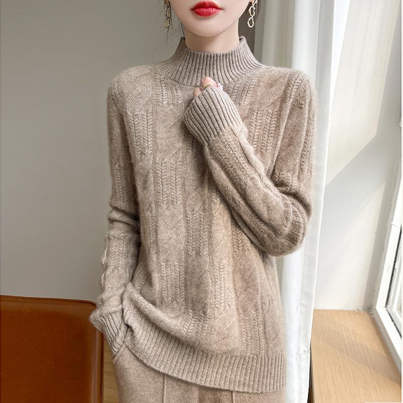 Autumn and Winter Thickened Hemp Cardigan Sweater for Women Trendy Versatile Half Turtleneck Cashmere Knitted Base Sweater