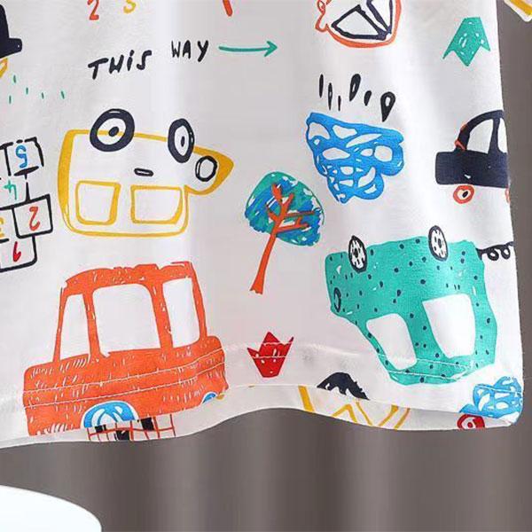 Cămașă cu mânecă scurtă cu rever cu model de mașină acoperită cu bumbac pentru bebeluși de vară de 0-5 ani, cu set de 2 piese de pantaloni scurți versatili casual din denim