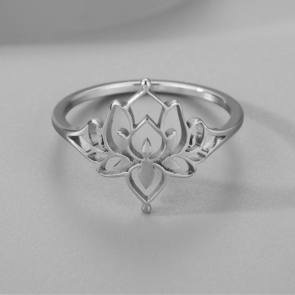 Exquisite Art Line Filigran Lotusblumen-Partnerringe Buddha Lotus Ringe für Damen Edelstahl Vintage Hohlblumen Schmuck