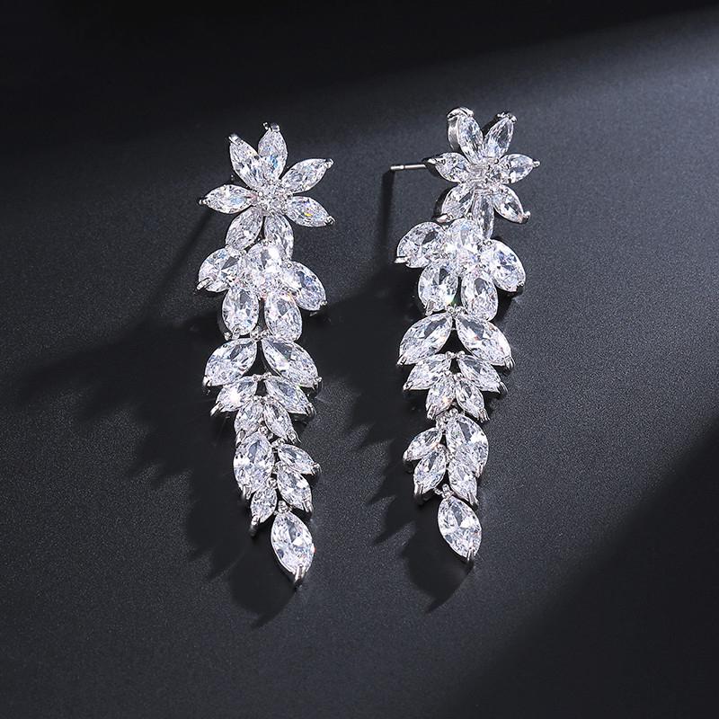 ZAKOL Luxury Marquise Cluster Flower Shape Cubic Zirconia Long Dangle Drop Earrings for Brides Wedding  Zircon
