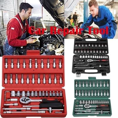 46pcs/set Carbon Steel Combination Wrench Batch Head Ratchet Socket Household Car Repair Tool