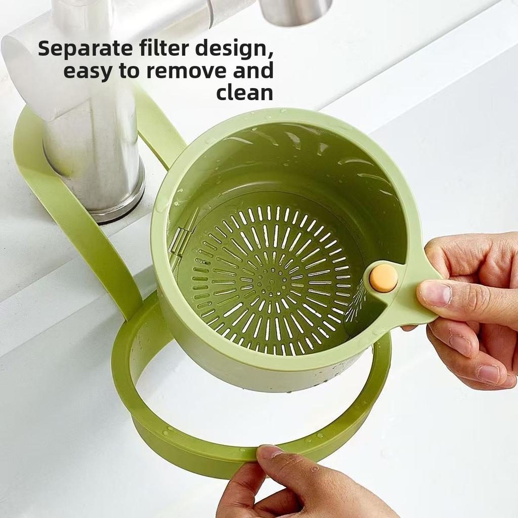 Hanging Sink Drain Basket with Food Residue Filter, Fruit Washing Strainer, Patent/Double Layer/Triangle Suction/Retractable