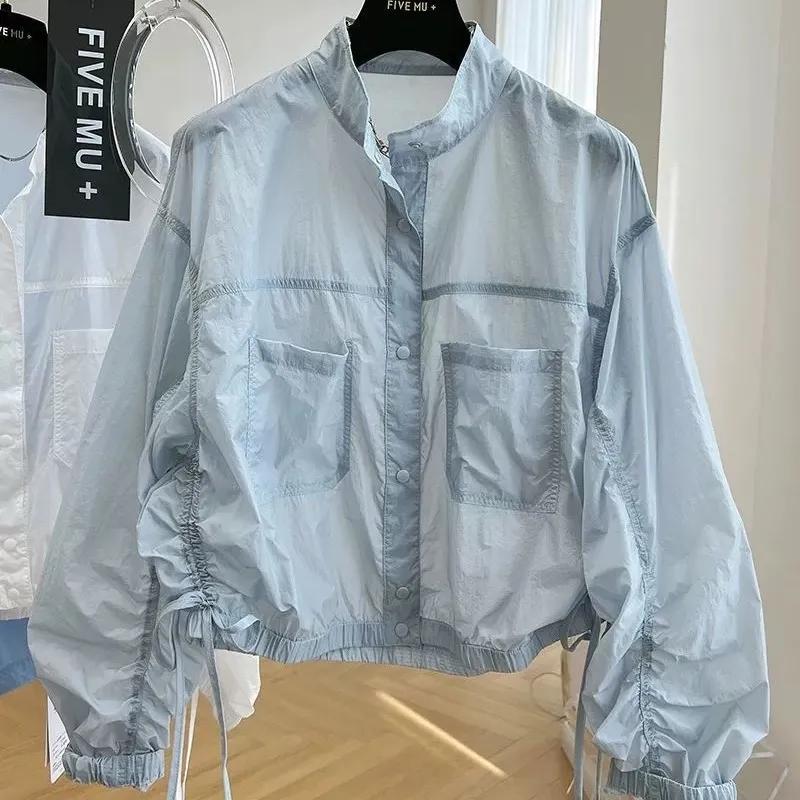 

Women s Jacket Top Spring Autumn Thin Sun Protection Loose Baseball Coat Stand Collar Design Trench Coat Top New Windbreaker S синий
