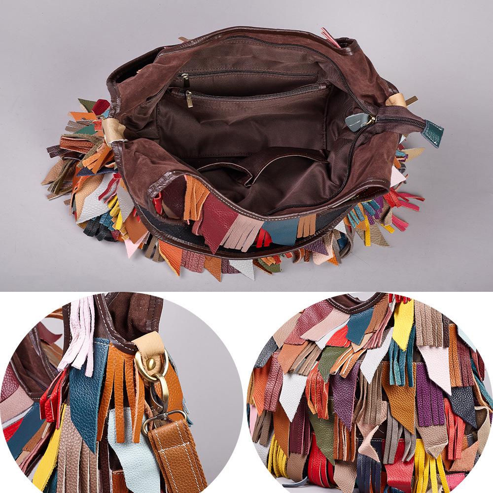 Geantă Crossbody și de Umăr Colorată din Piele de Vacă cu Ciucuri în Stil Mori pentru Femei