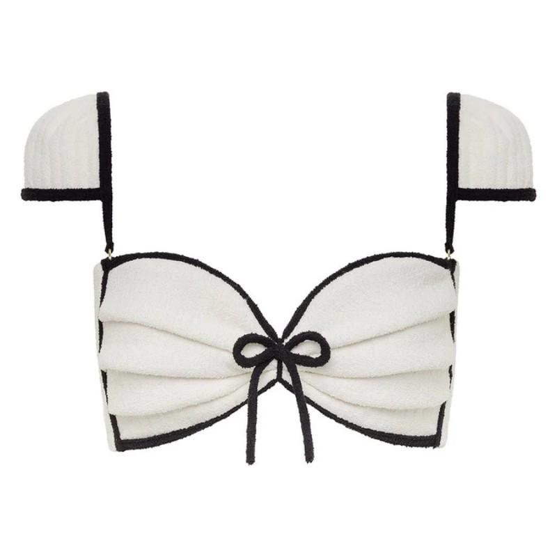 Women's Black & White Puff Sleeve Two-Piece Bikini - High Waist, Slimming Luxury Swimwear for Vacation or Hot Springs.