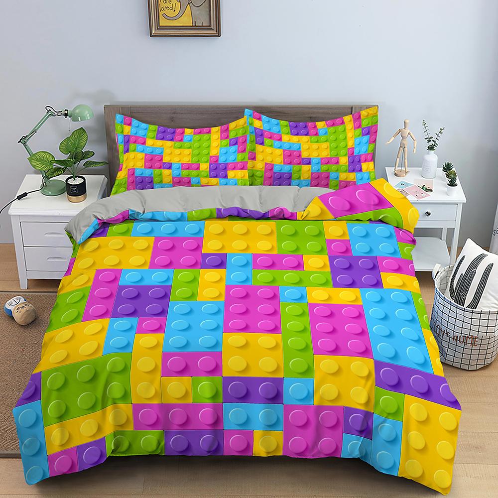 Colorful Toy King Queen Duvet Cover 3D Building Block Pattern Bedding Set Fun Brick Quilt Cover Gradient Rainbow Comforter Cover
