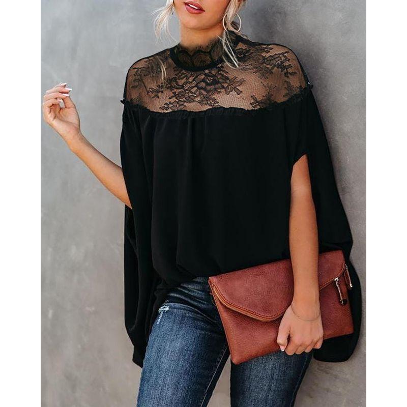 

Women Casual Lace Shirt Top European and American Women Patchwork Poncho Batwing Sleeve Loose Shirts Black S