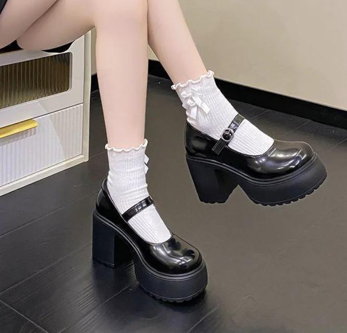 

Fashion White Super High Heels Shoes for Women Patent Leather Chunky Platform Pumps Woman Gothic Buckle Strap Lolita Shoes 34