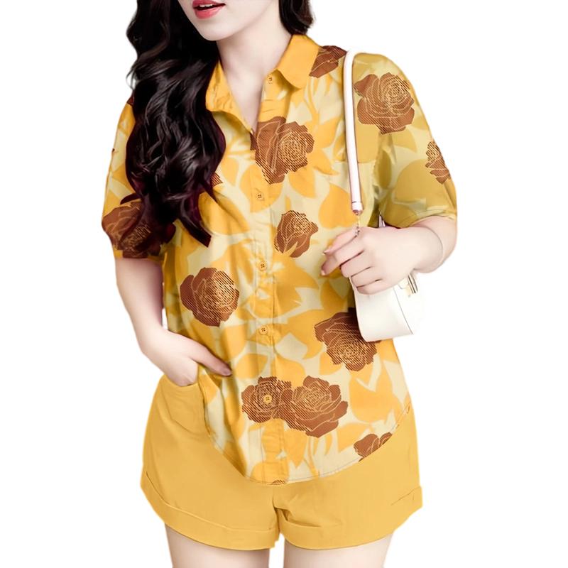 ZANZEA Women Short Sleeve Print Blouse and Shorts Summer Two Piece Suit Sets