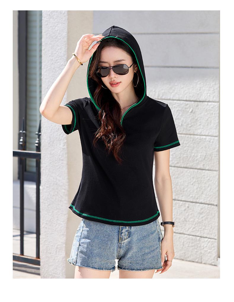 Women's Slim Fit Hooded Short Sleeve Zipper T-shirt - New Korean Style 2026, Solid Color Fashionable Top