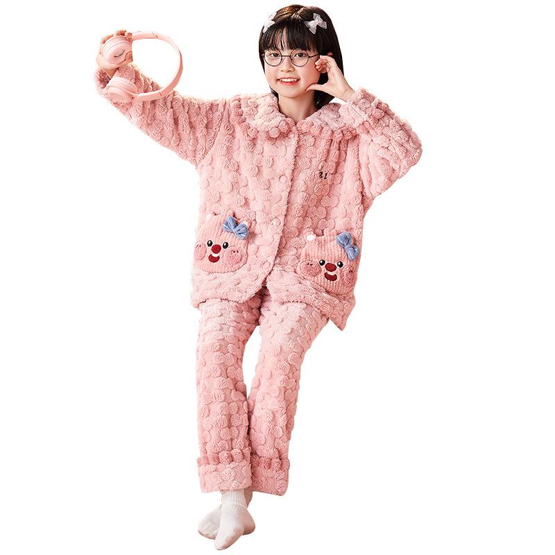 Kids Flannel Pajamas Set Boys Girls Warm Long Sleeve Top And Pants Sleepwear Winter Home Nightwear