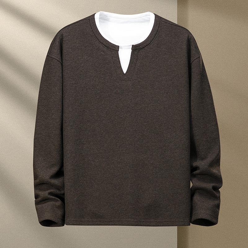 

Мужской осенне-зимний пуловер контрастного цвета, двухслойный, с круглым вырезом, с длинными рукавами, повседневная модная рубашка, футболка, топ L коричневый