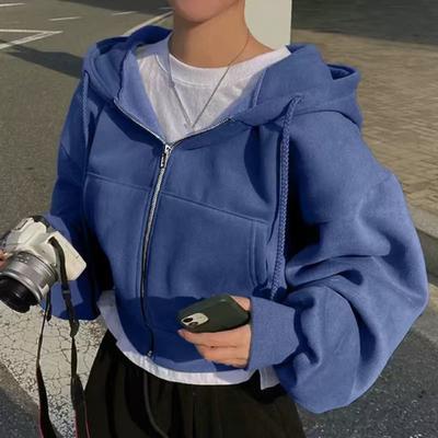 Women's Cropped Zip Up Hoodie Drawstring Long Sleeve Crop Sweatshirt Fall Casual Hooded Jacket with Pockets