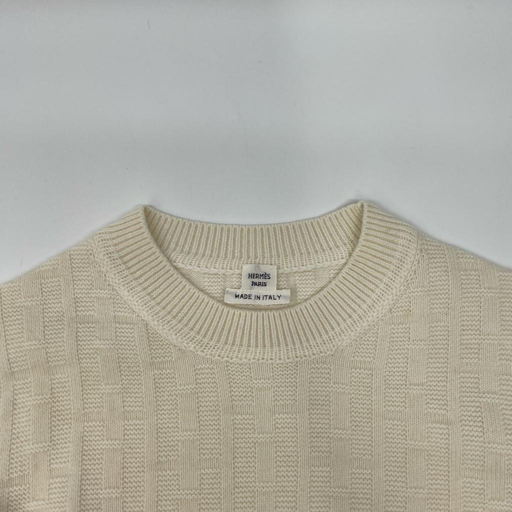 HERMES 23 Stainless Steel Ivory Wool H-Jacquard Crew Neck Long Sleeve Knit Pullover tops 36 IvoryUsed