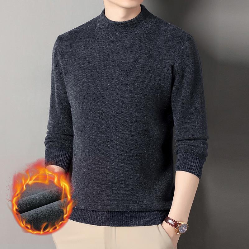Men's Thick Plush High Neck Sweater - Pure Color Knit for Winter Warmth