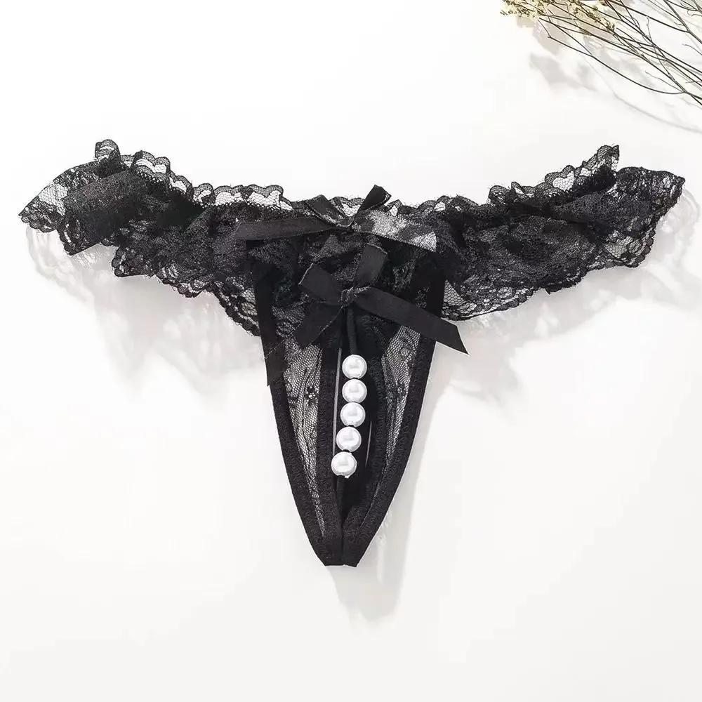 Lingeries Sexy G-String Women's Thongs Sexy Pearl Beaded Underwear for Women Low Waist T Shaped Crotchless Woman Lace Lingerie