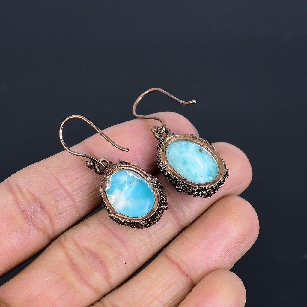 Larimar Copper Electroformed Earrings, Handmade Gemstone Earrings Jewelry, Gifts For Wife Brand New Earrings