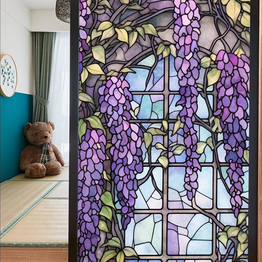 Colorful Retro Floral & Bird Static Cling Window Film - No Glue, Removable