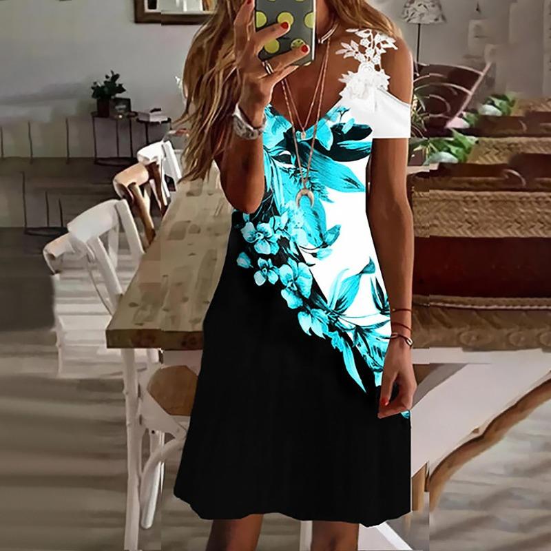 Vestido de Verano con Hombros Descubiertos de Encaje y Manga Corta Nuevo Estampado Holgado Casual Vestidos de Fiesta Moda Femenina Elegante Línea A Talla Grande Ropa Dulce