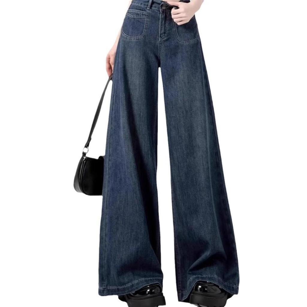 Plus Size Women's Retro Fleece-Lined Jeans: Loose High-Waisted Slimming Straight-Wide Leg Pants for Autumn/Winter 2024
