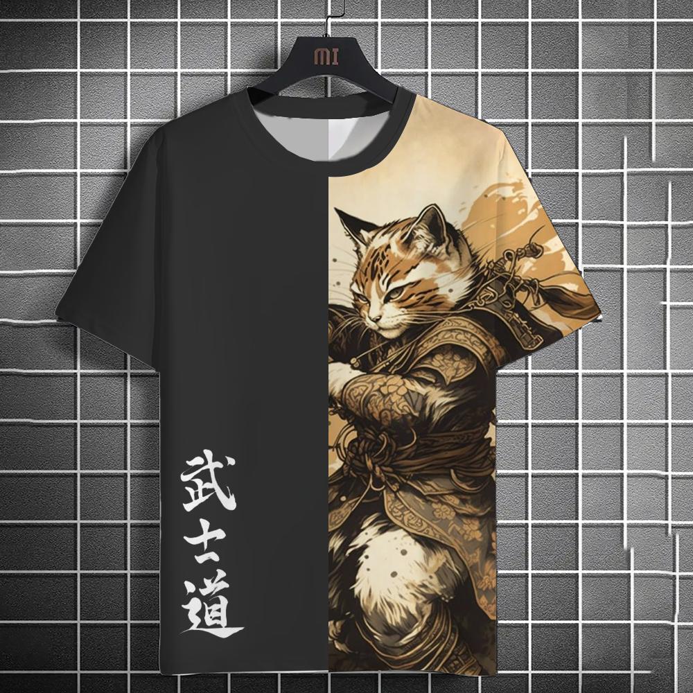 Bushido Animal Cat Samurai Print Men's T-shirt Summer Short Sleeve T-shirt Men's Retro Men's Tops Casual Men's Loose T-shirt